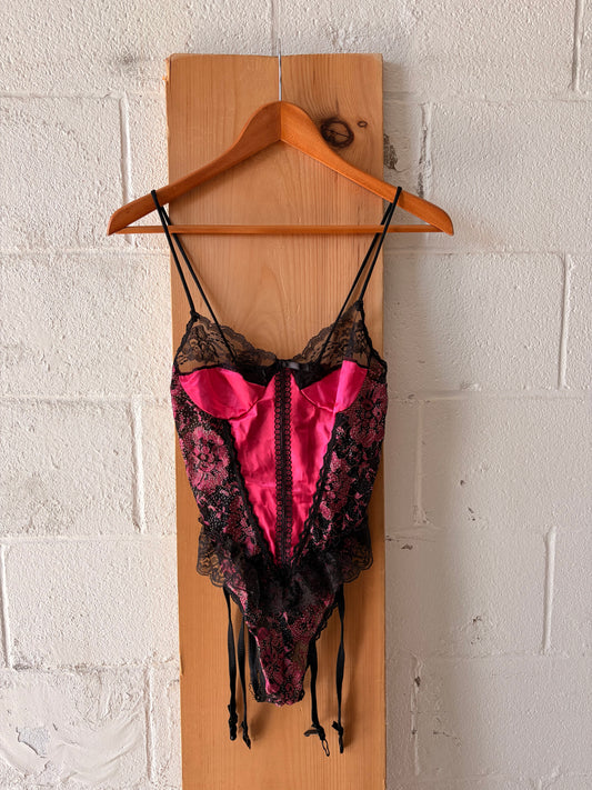 Vtg Pink & Black Lace Bodysuit : S