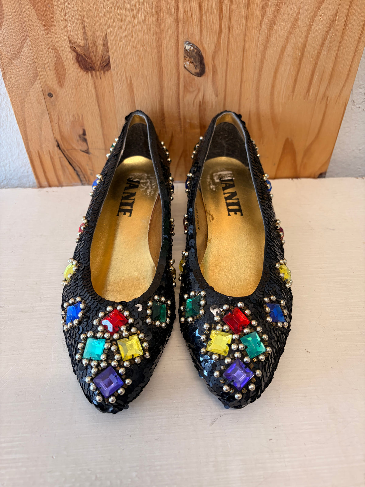 Vtg Sequins Gem Low Wedge Flats : Size 5.5