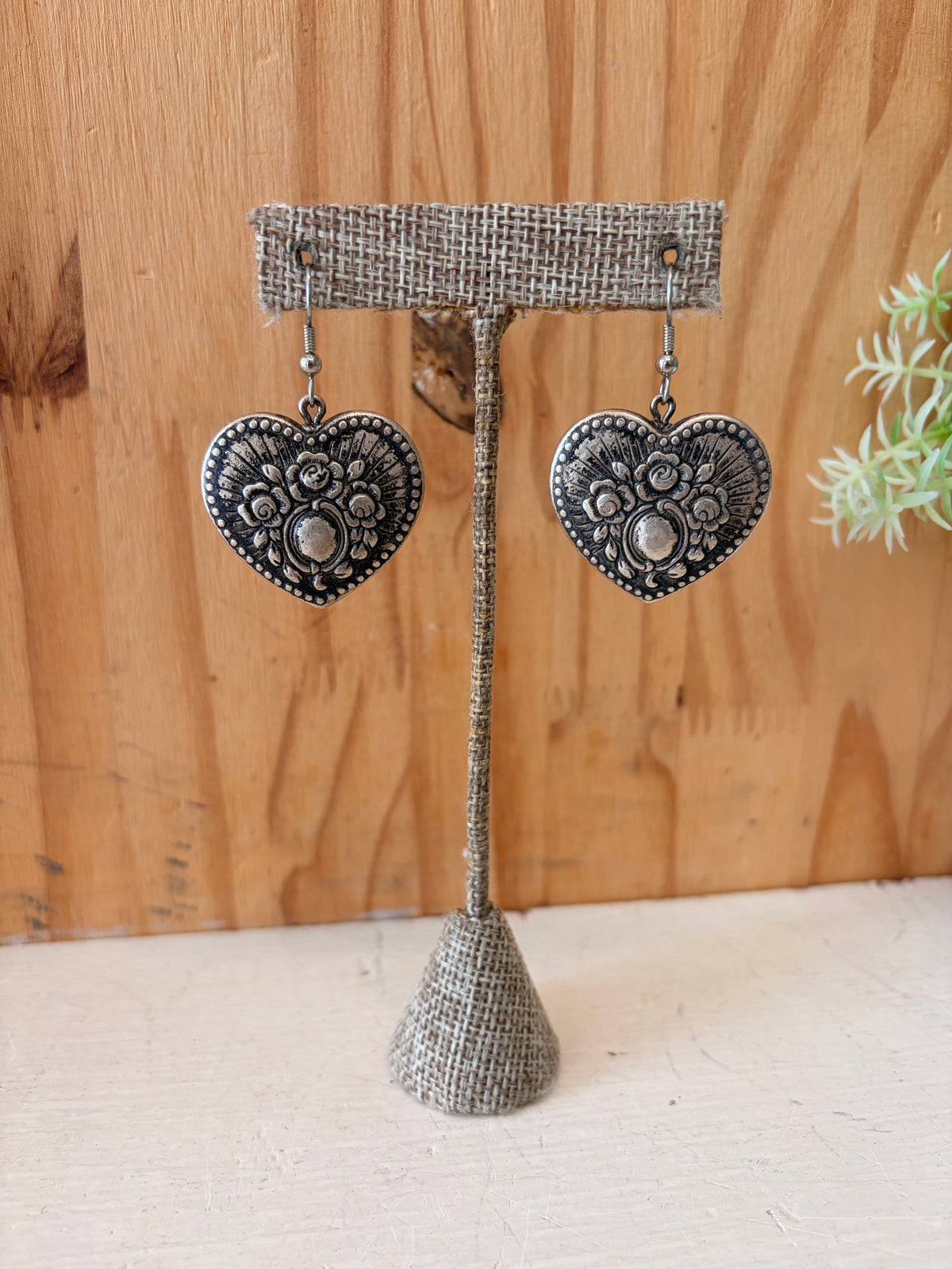 Silver Tone Rose Heart Earrings