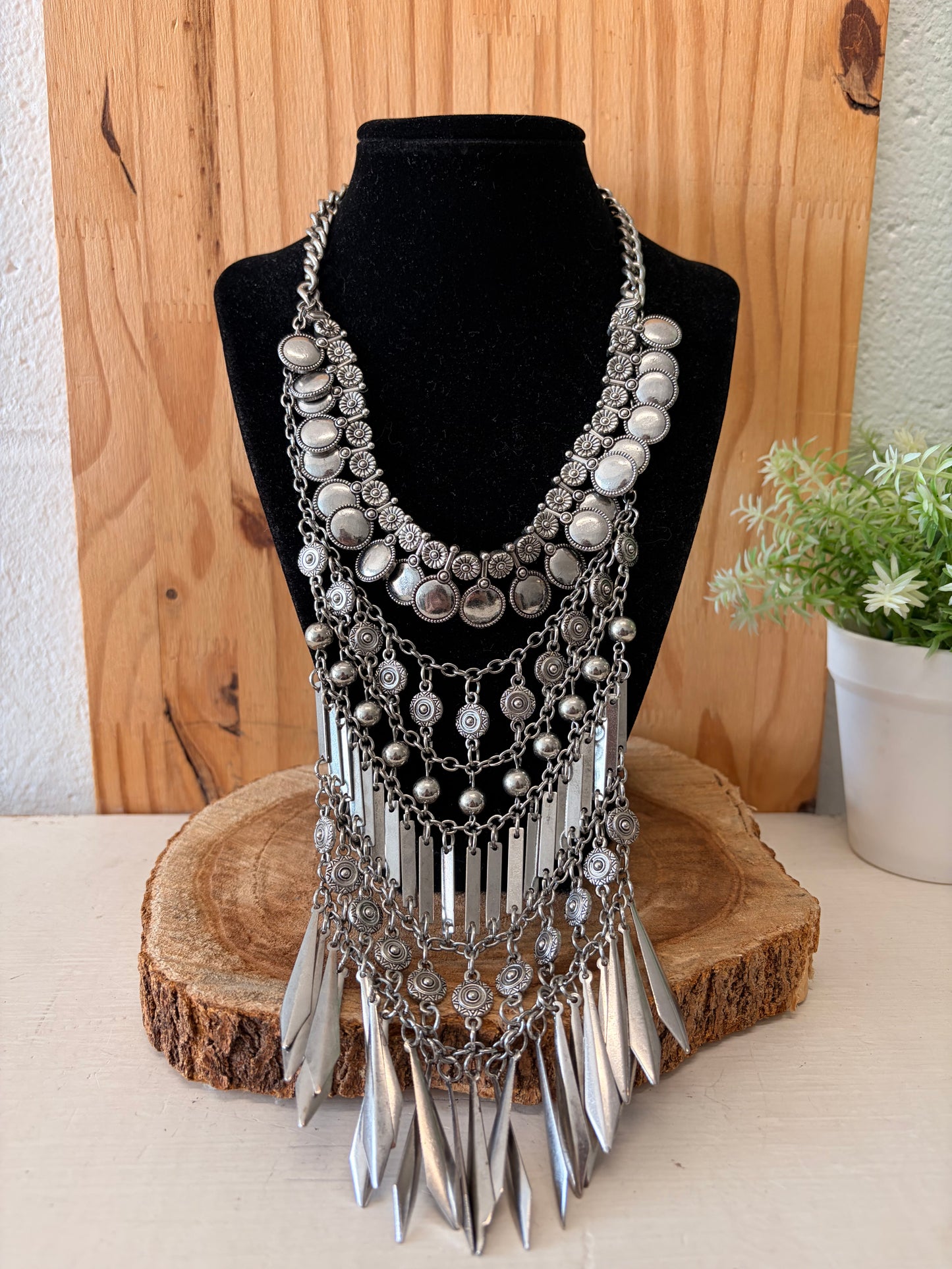 Layered Chunky Silver Tone Necklace