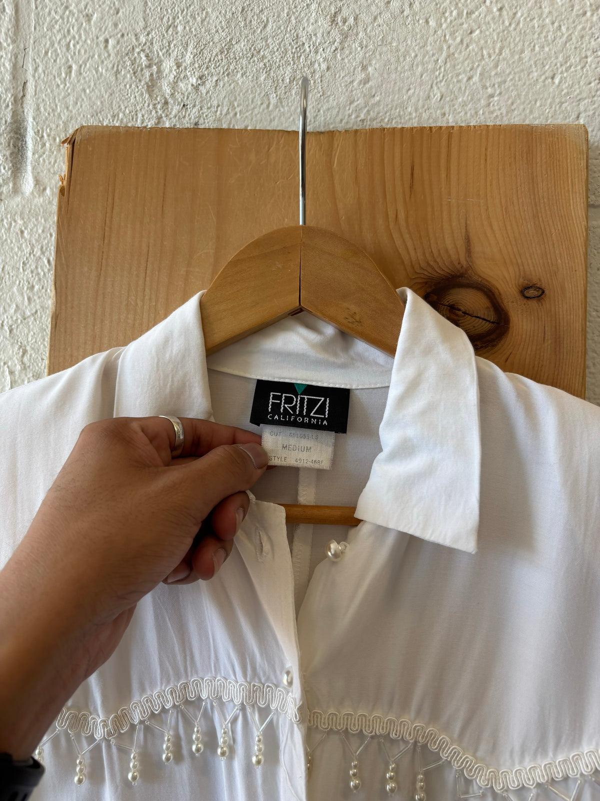 Vtg White Button Down with Beaded Fringe : M