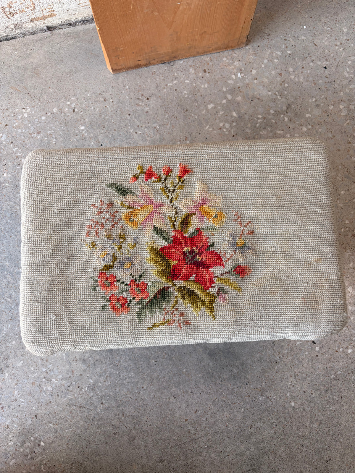 Vtg Floral Embroidered Wooden Footstool (Local Pick Up Only - As Is)