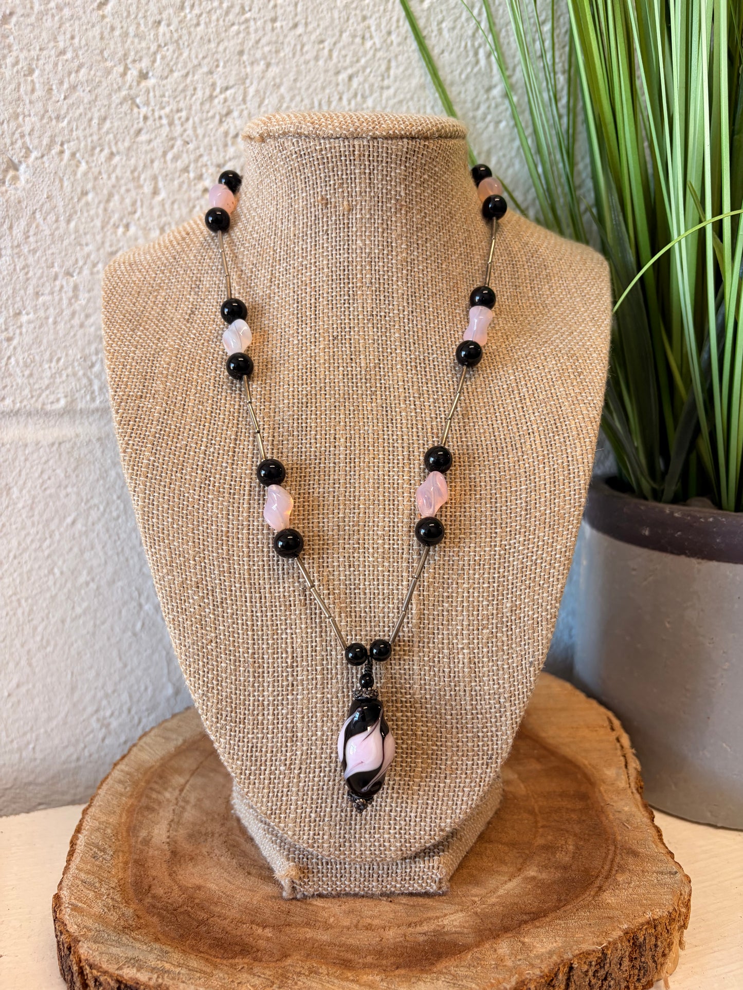 925 Black & Pink Beaded Necklace