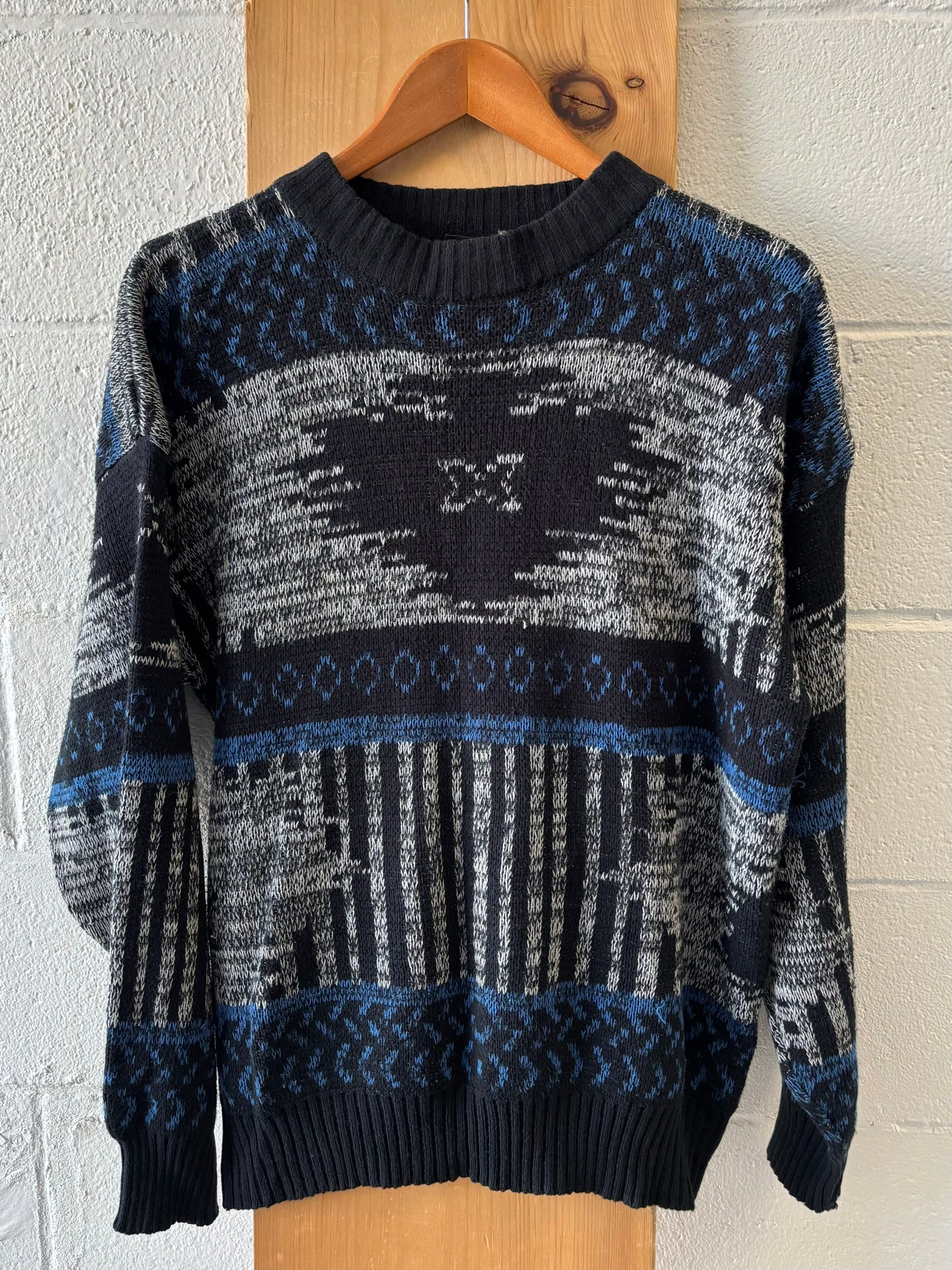 Vtg Blue Patterned Sweater : L
