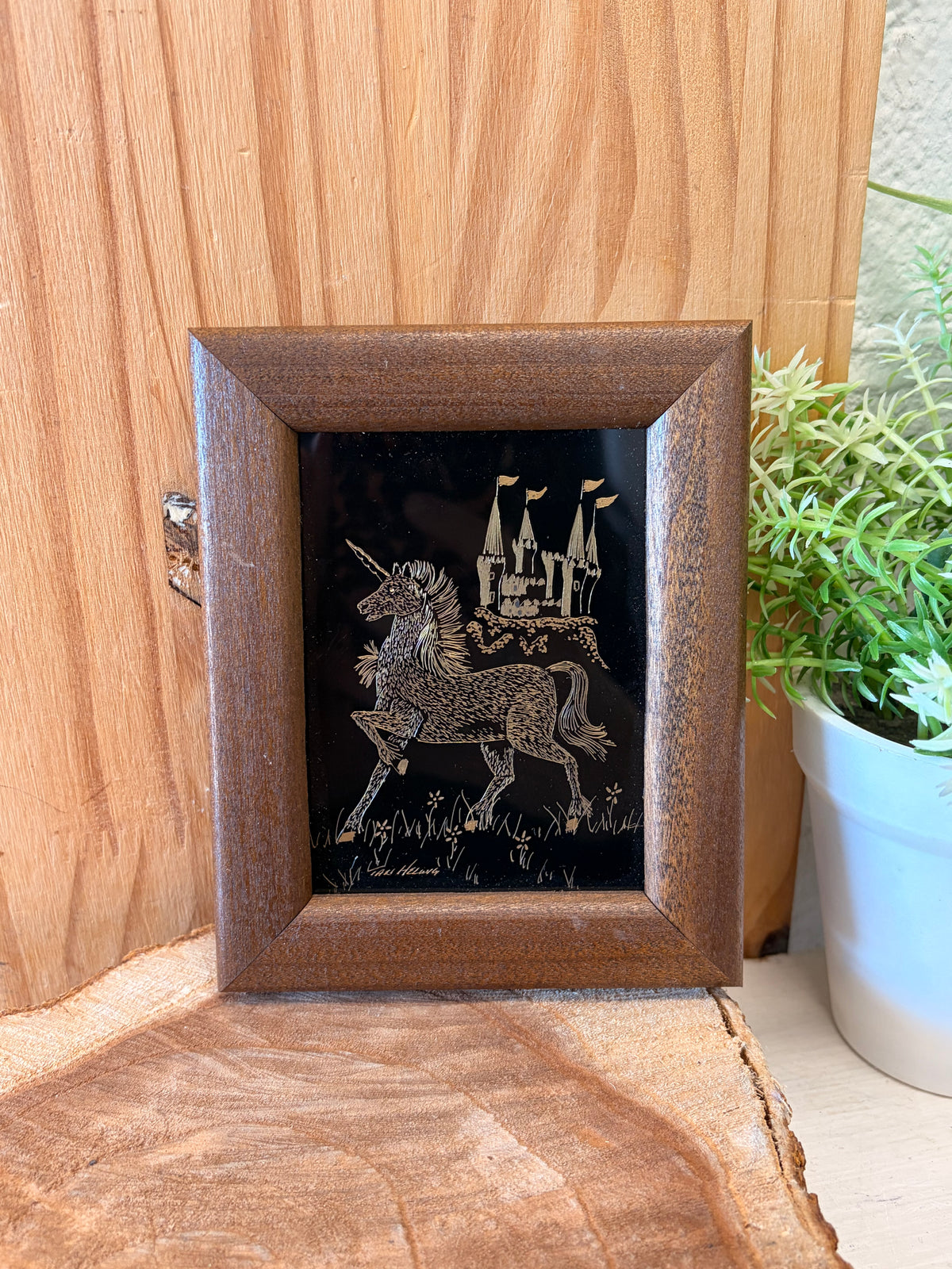 Vtg Golden Etched Unicorn Framed Art (Local Pick Up Only)