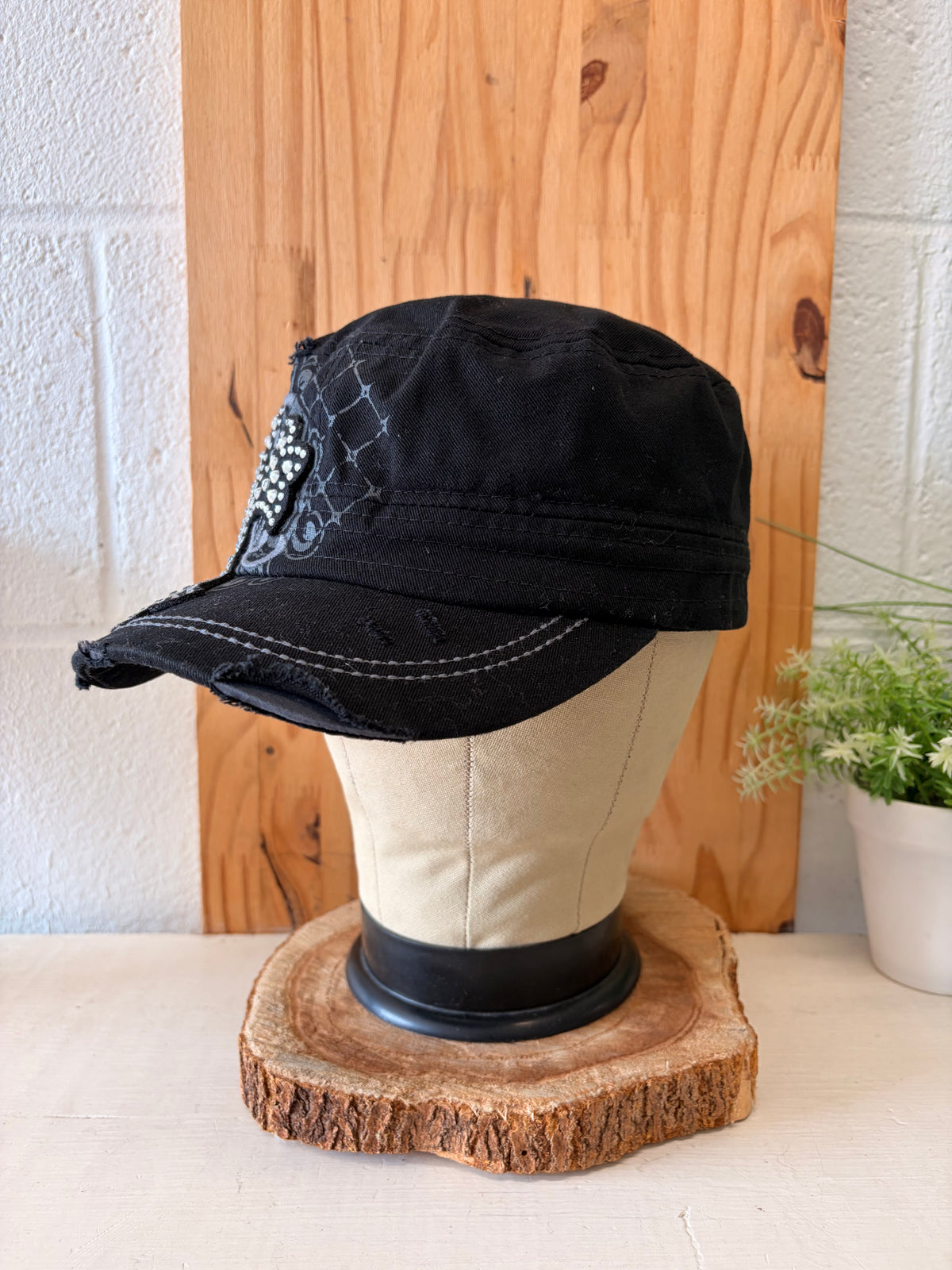 Y2K Distressed Black & Silver Cross Cap