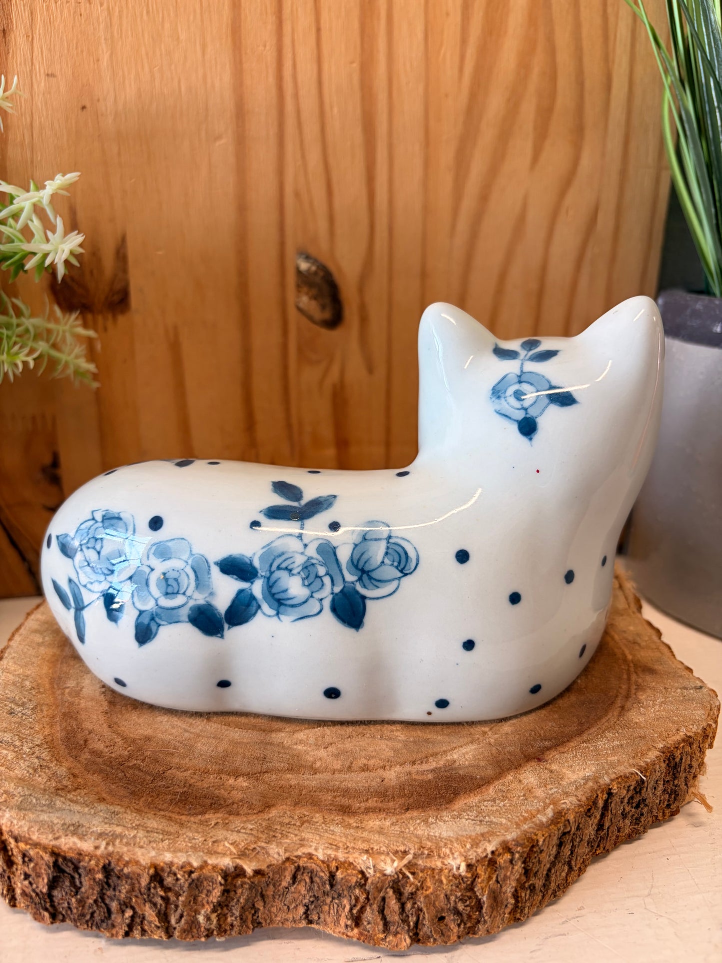 White & Blue Floral Ceramic Cat (Local Pick Up Only)