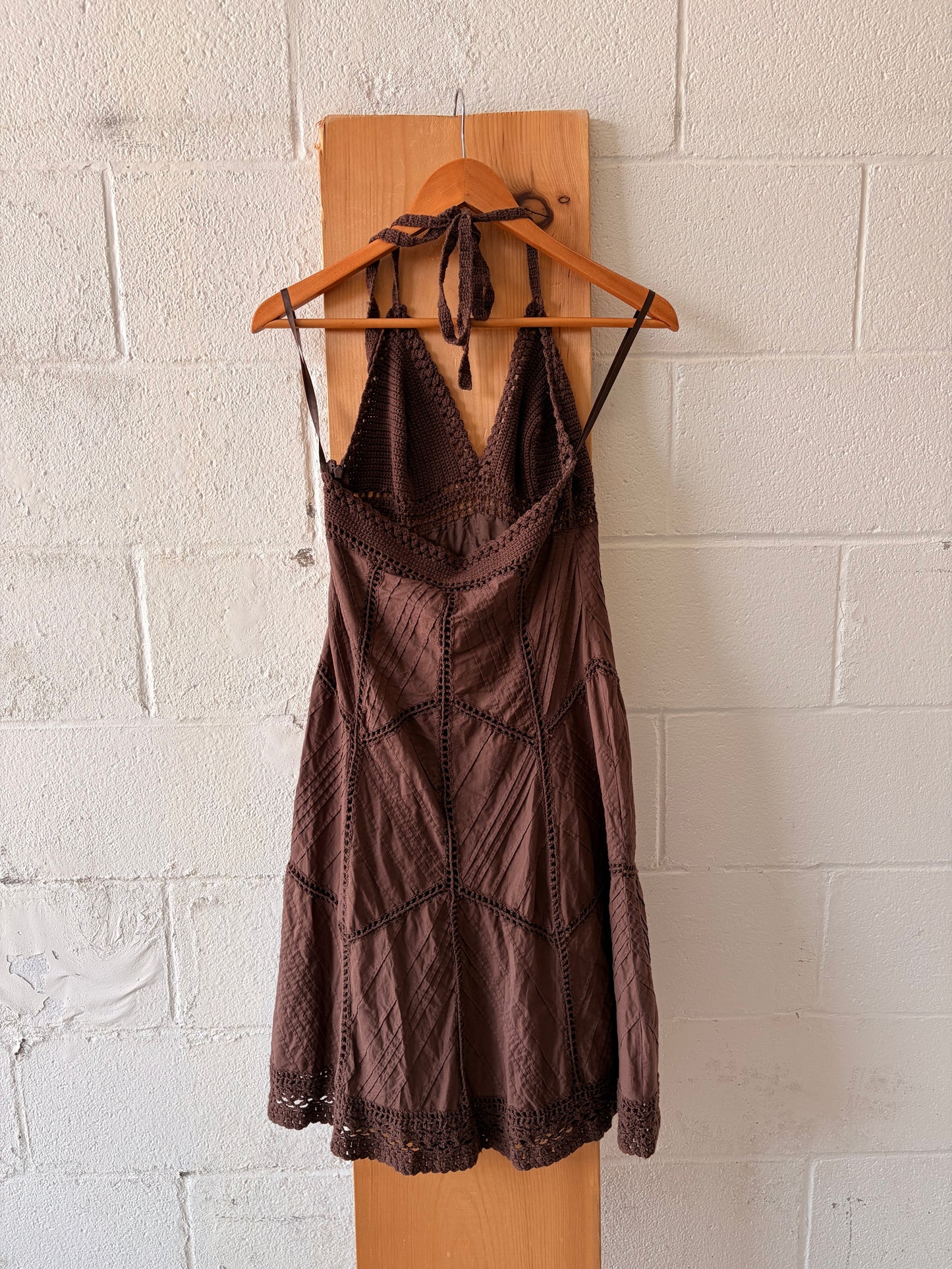 Brown Crochet Detailed Halter Dress : S
