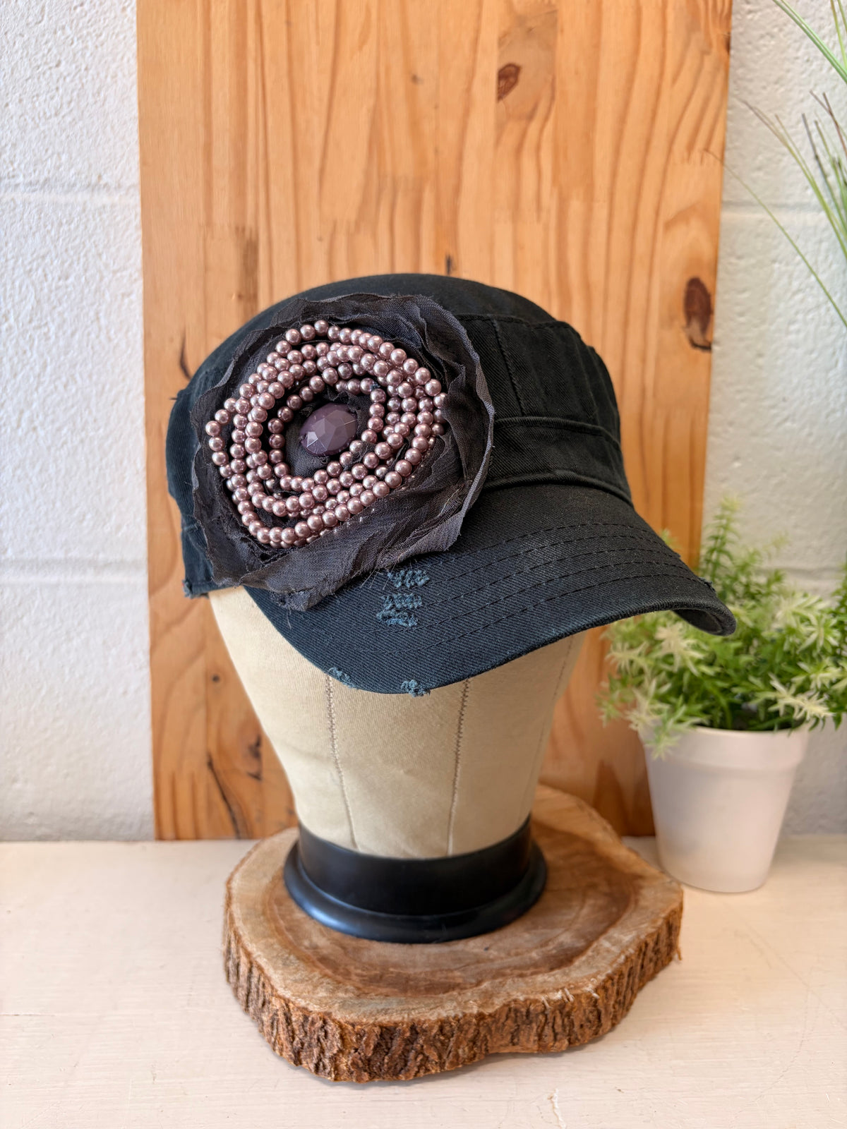Distressed Beaded Flower Cap : OS