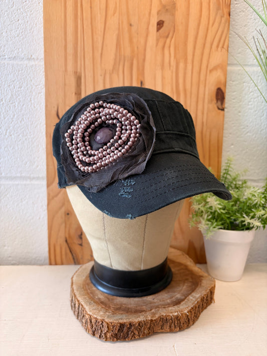 Distressed Beaded Flower Cap : OS