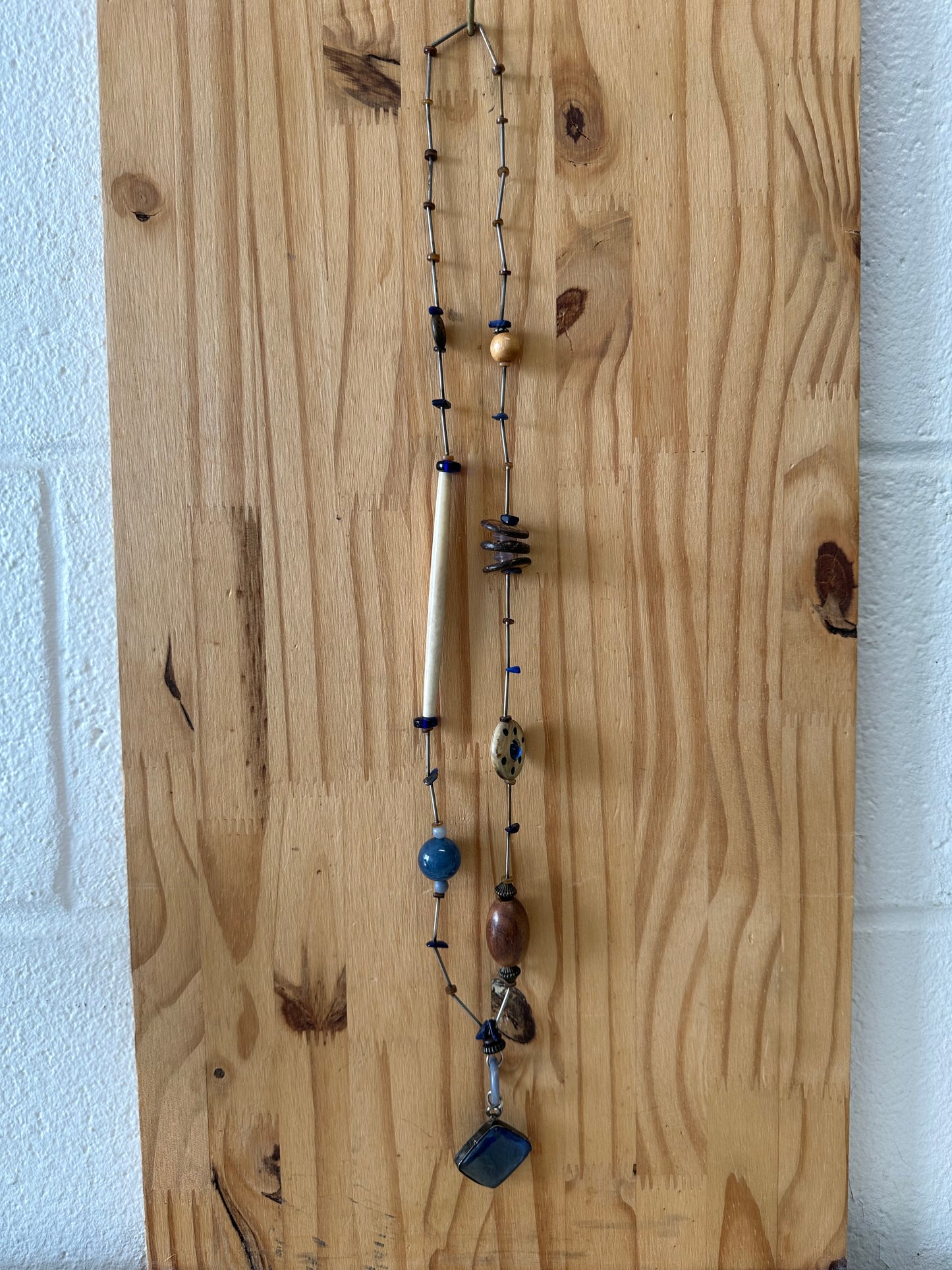 Unique Blue and Wood Bead Necklace