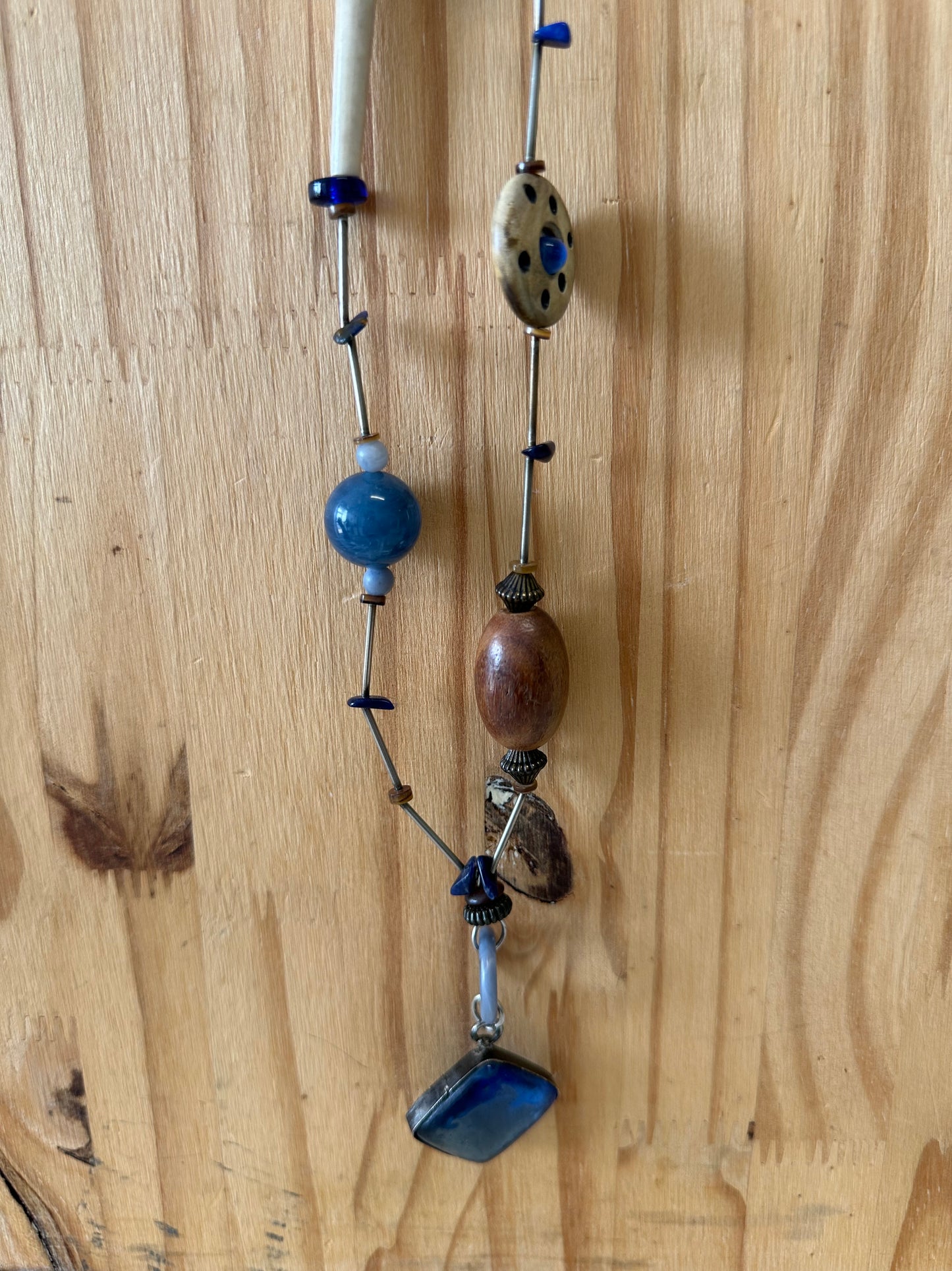 Unique Blue and Wood Bead Necklace