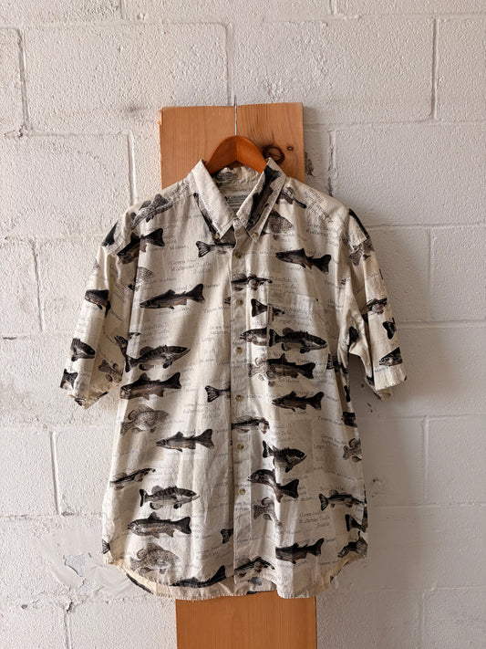 Vtg Columbia Fish Patterned Button Down : XL