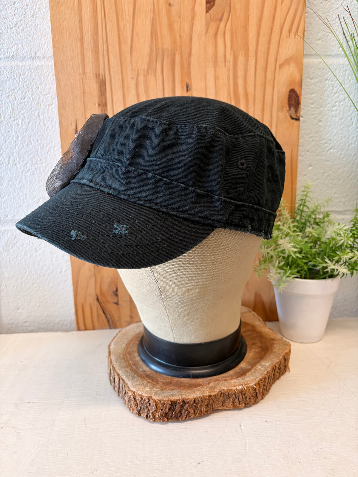 Distressed Beaded Flower Cap : OS