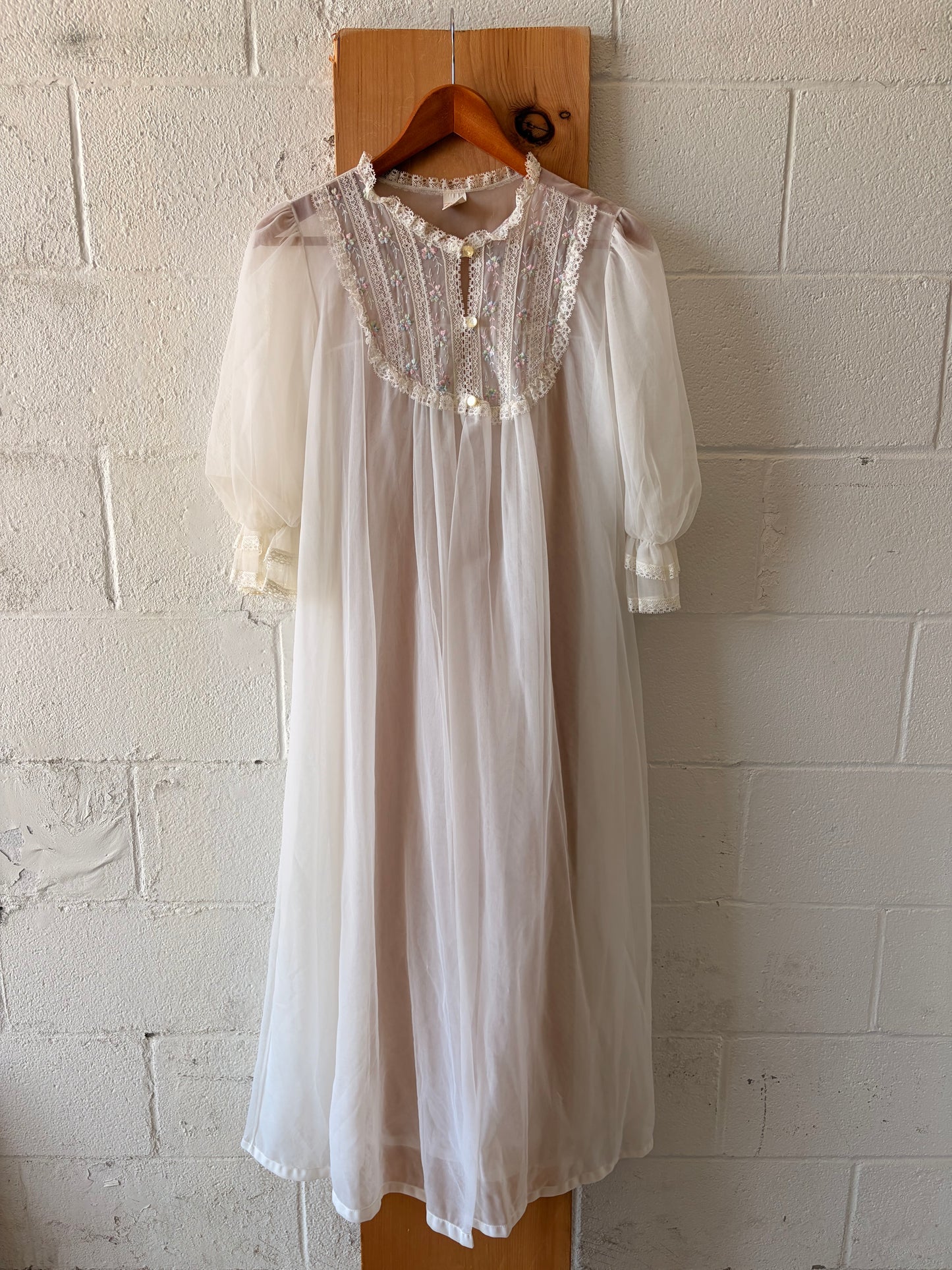 Vtg Deena Floral White Chiffon Robe : L