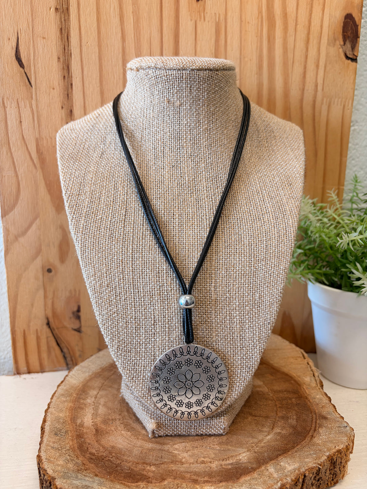 Silver Tone Mandala Cord Necklace