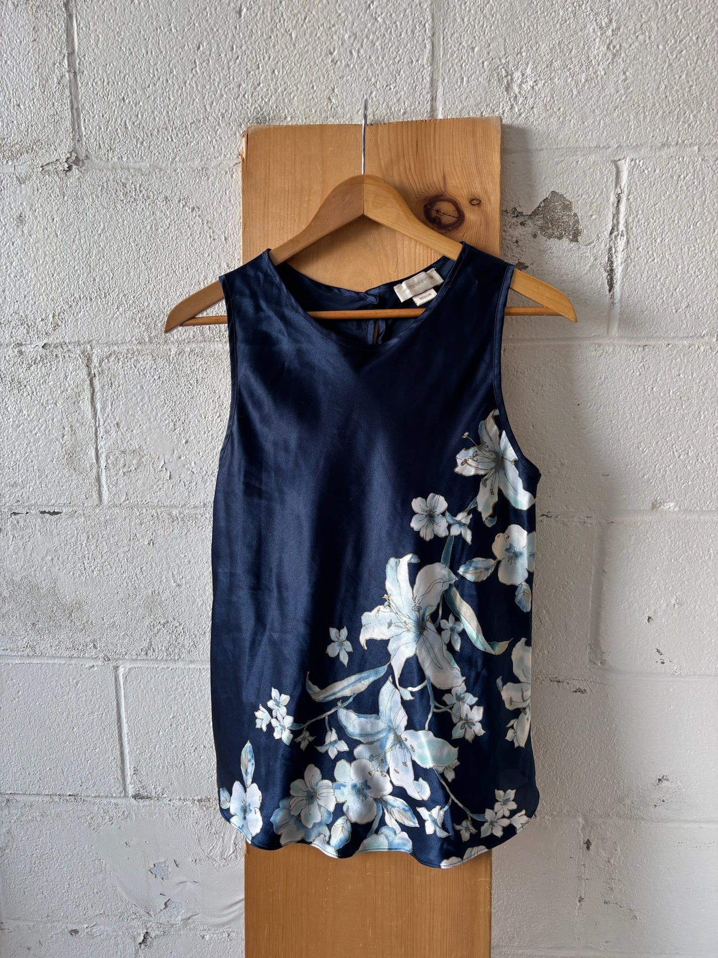 Vtg Satin Blue Floral Top : M