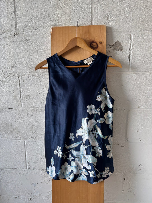 Vtg Satin Blue Floral Top : M