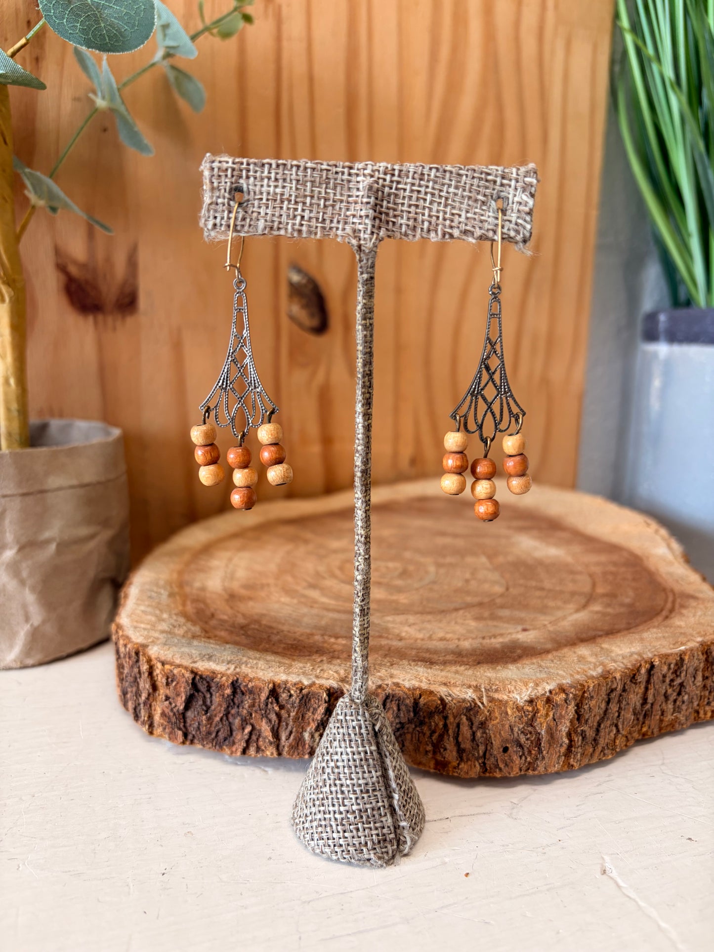 Wooden Beaded Dangle Earrings