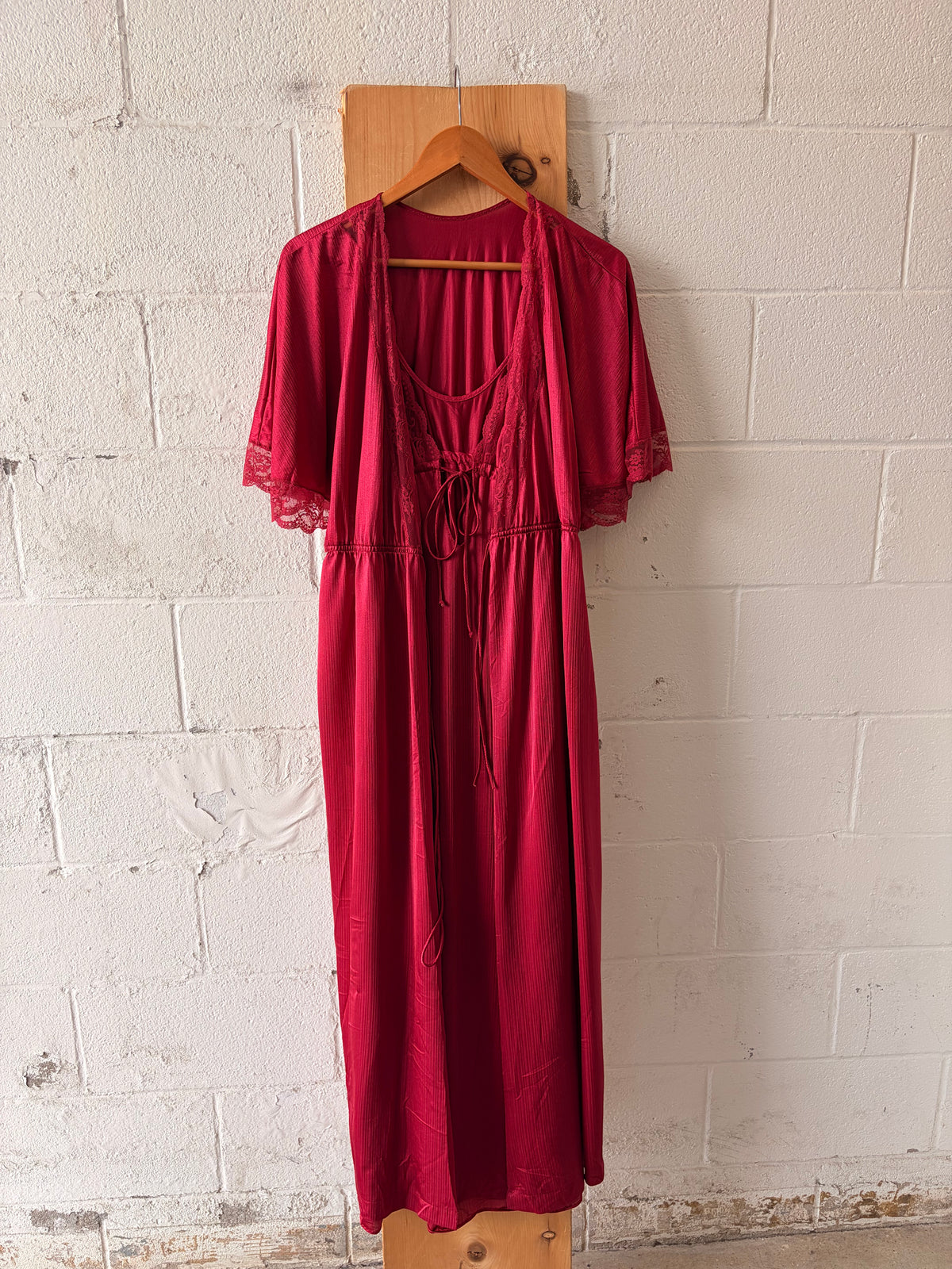 Vtg Red Lace Nightgown & Robe Set : S