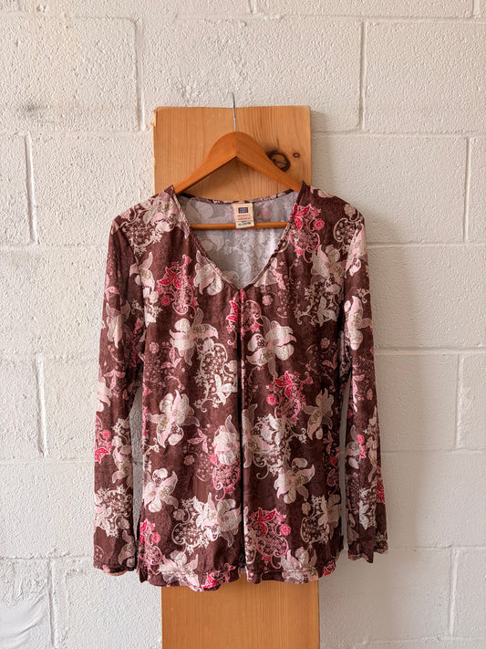 Vtg Brown & Pink Floral Faded Glory Top : XL