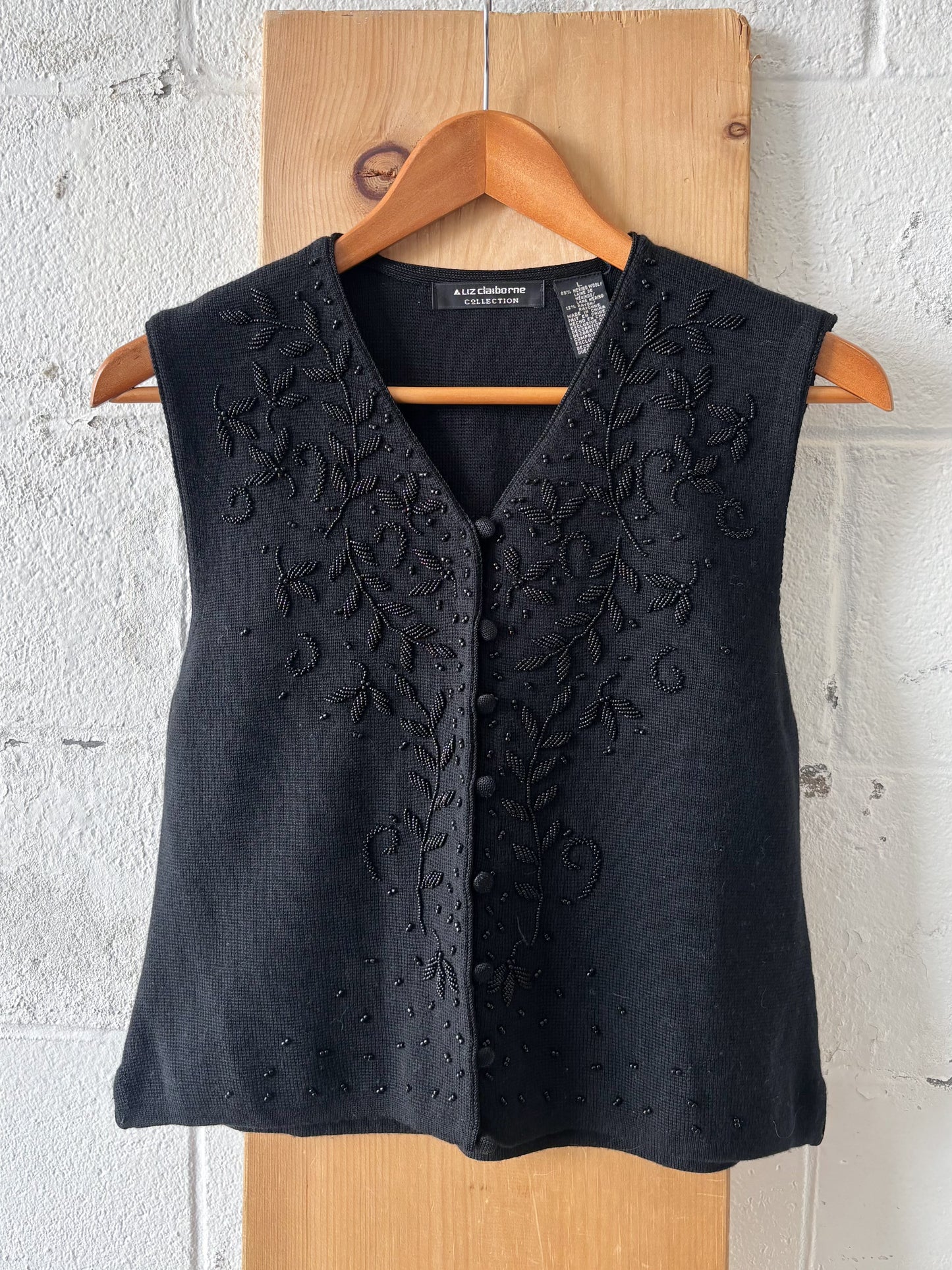Black Beaded Wool Blend Sweater Vest : L