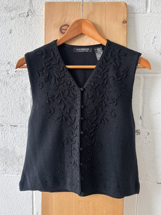 Black Beaded Wool Blend Sweater Vest : L