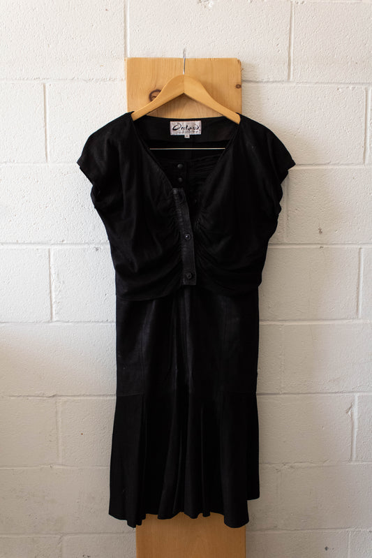 Vtg Black Leather Skirt Set : M