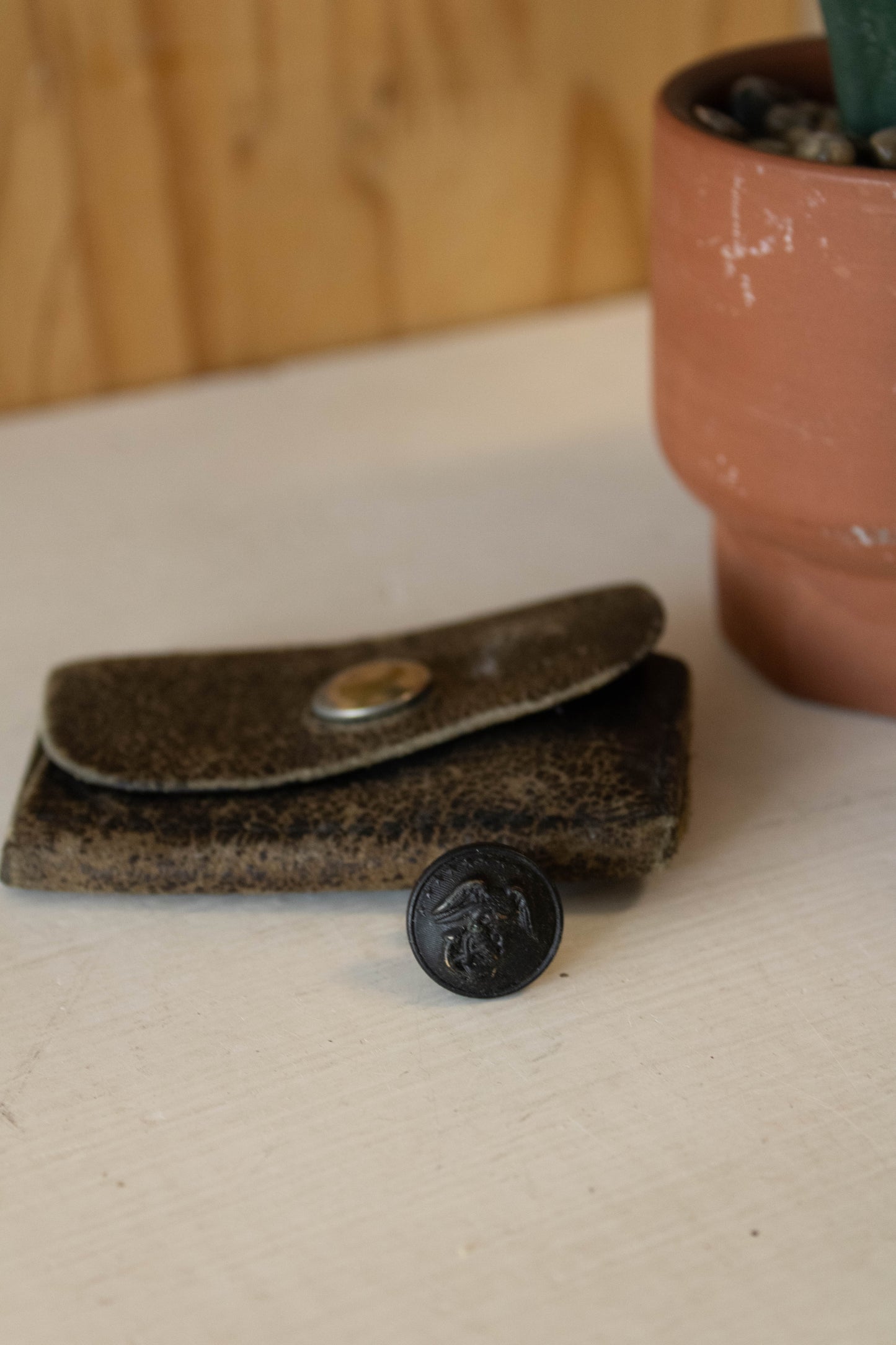 Vtg Button with Leather Pouch