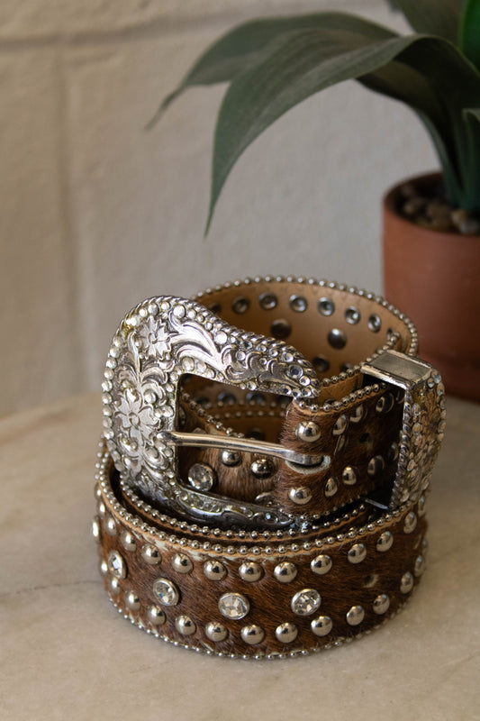 Cowhide Rhinestone Belt