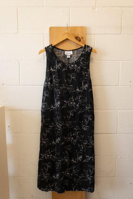 Vtg Black Leaf Print Dress : L