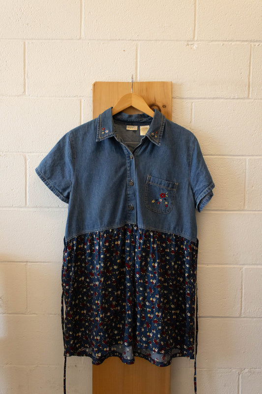 Vtg Denim Floral Dress : XL