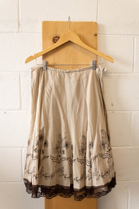 Vtg Brown Embroidered Skirt : M