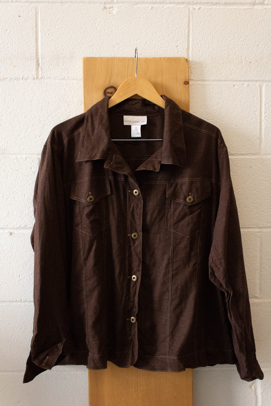 Brown Linen Blend Button Up : 2X