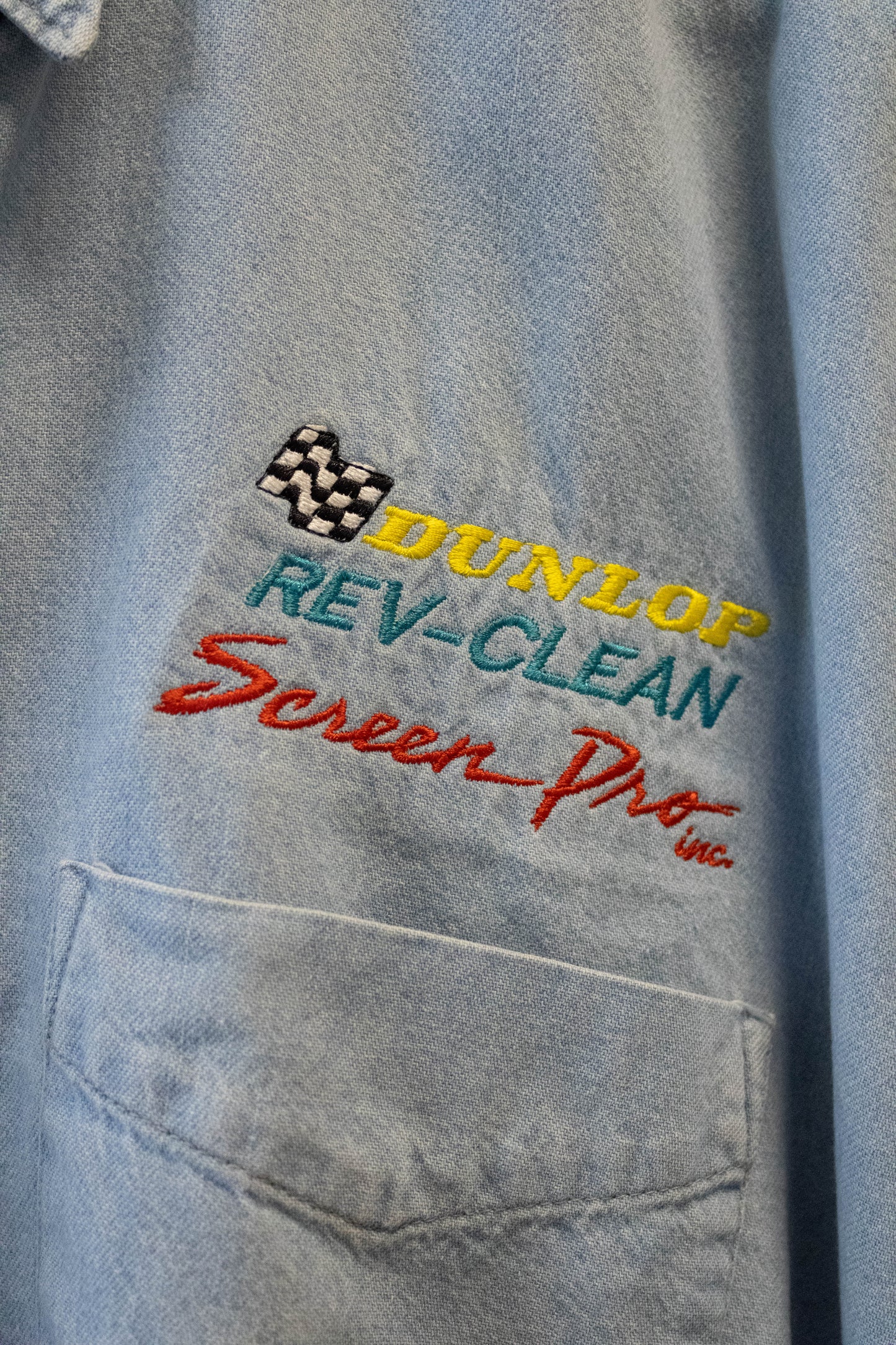 Vtg Denim Dunlap Racing Button Up : L