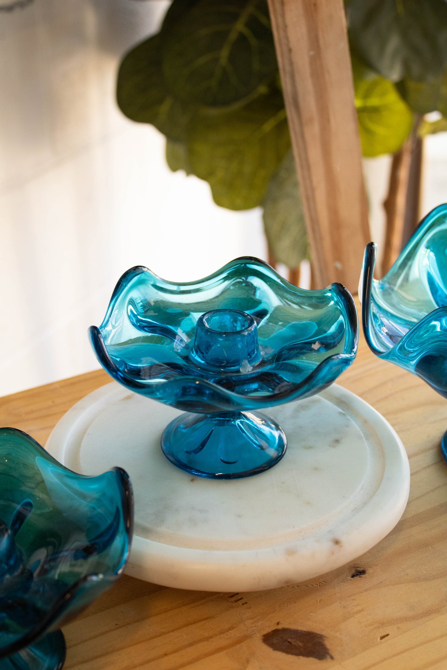 Set of Blue Glass Candle Holders and Bowl (Local Pick Up Only)