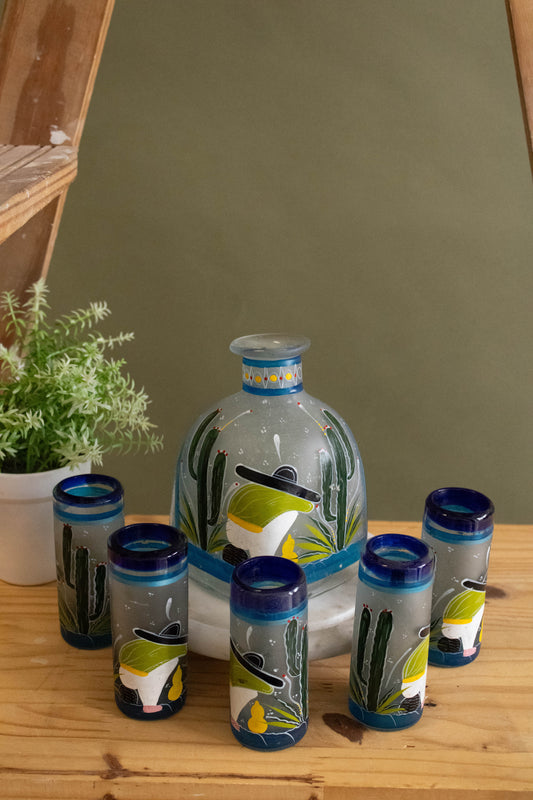 Set of Blue Hand Painted Mexican Shot Glasses and Decanter (Local Pick Up Only)