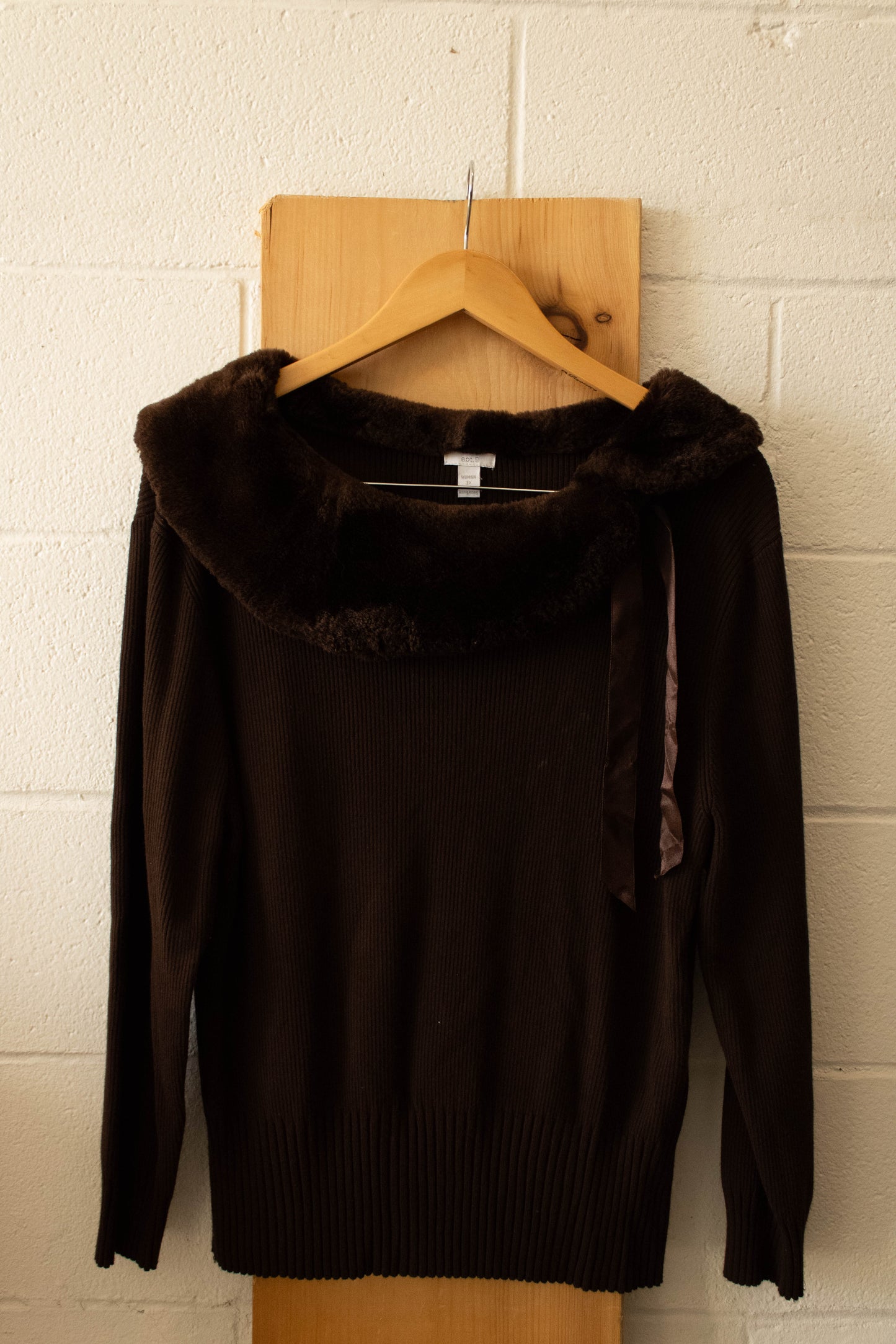 Brown Faux Fur Collar Sweater : 3X