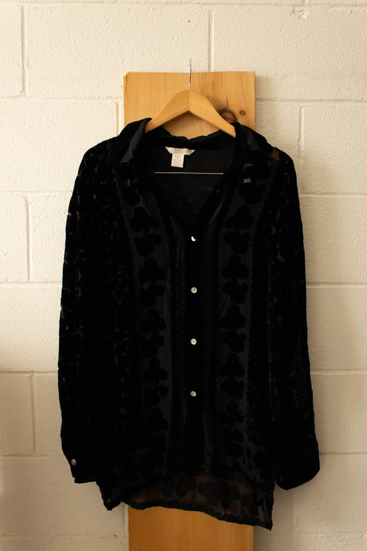 Black Semi Sheer Velvet Button Up : XL