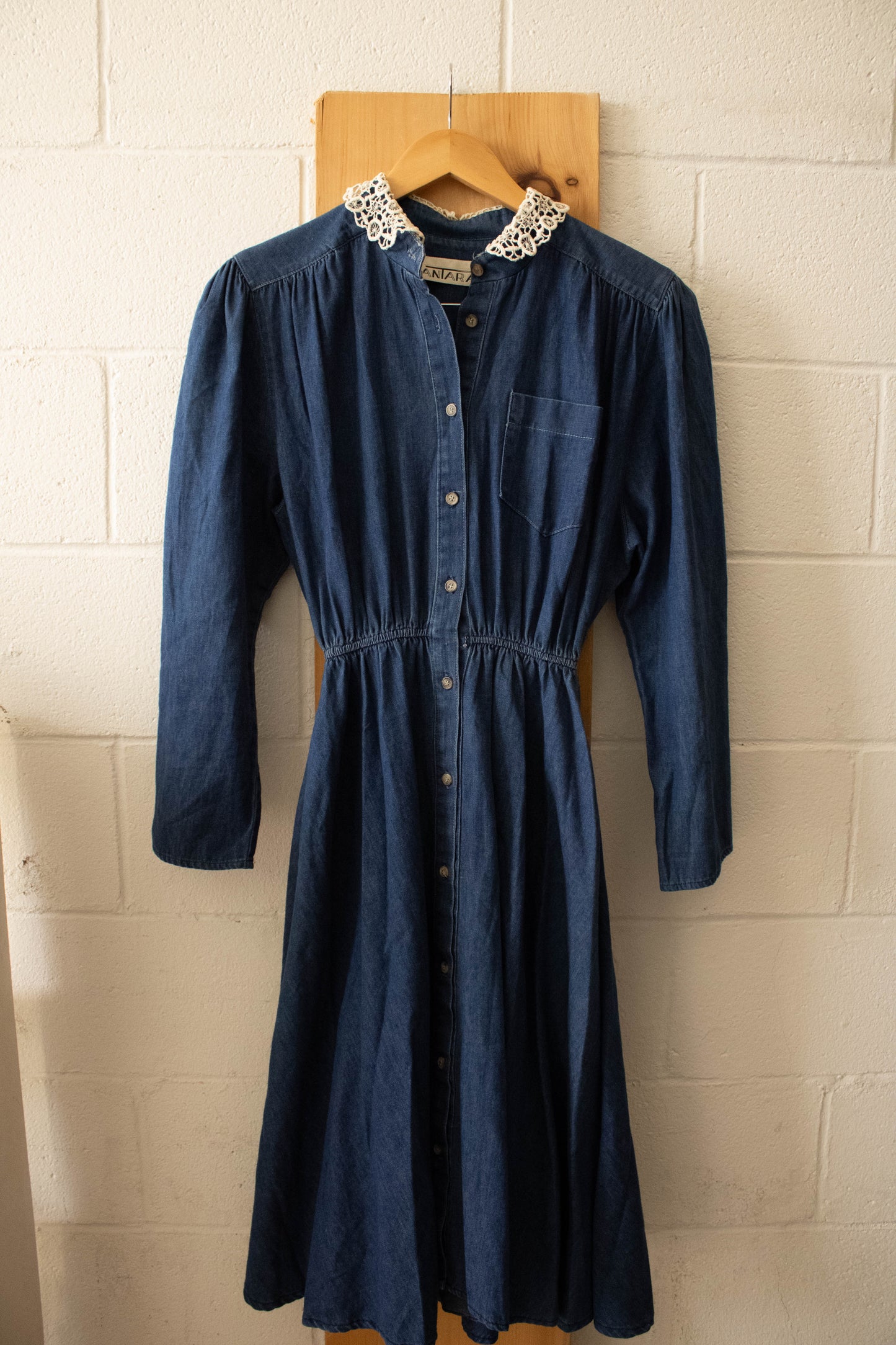 Vtg Denim Lace Collared Dress : S