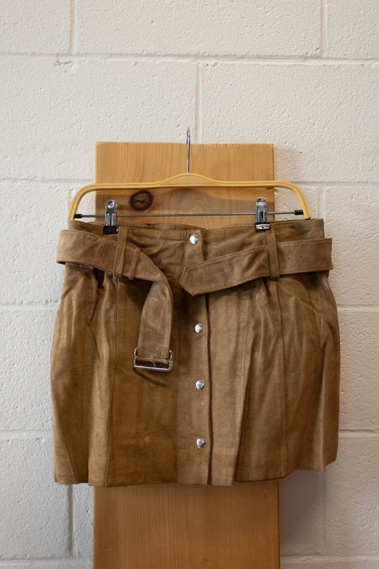 Vtg Brown Belted Suede Mini Skirt : 10