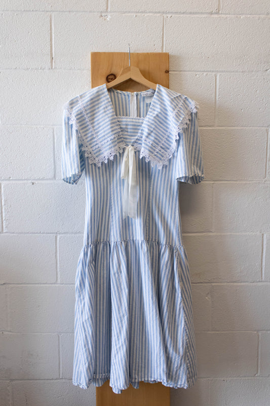 Vtg Baby Blue Striped Sailor Dress : S