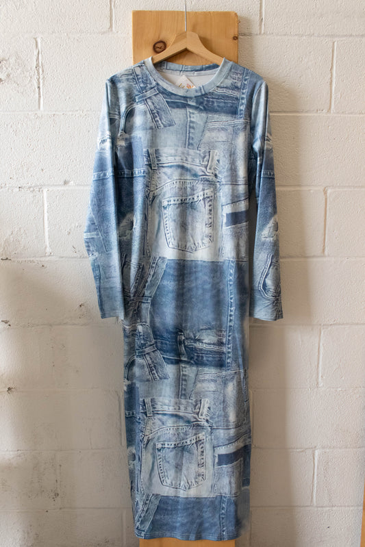 Blue Abstract "Denim" Printed Dress : 2X