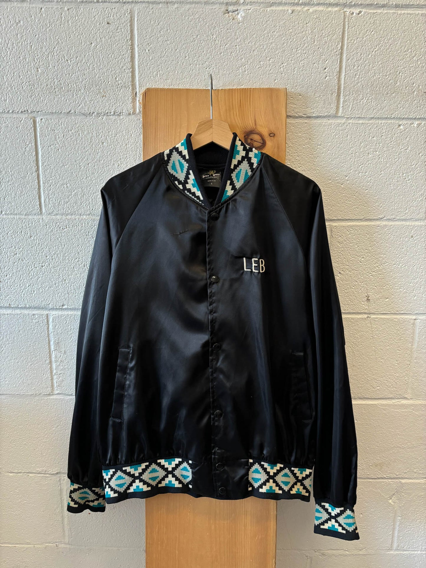 Vtg Black Satin Bomber Jacket : L