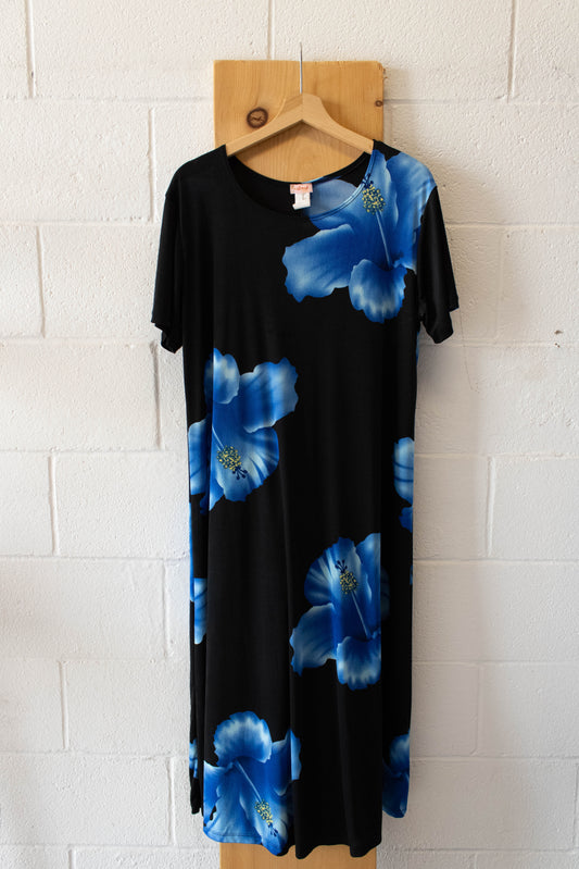 Vtg Black Floral Dress : XL