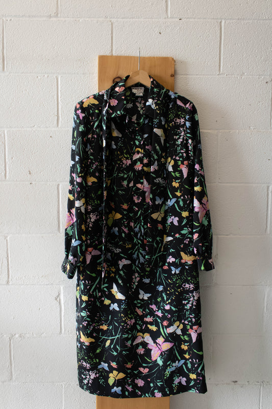 Vtg Black Floral Button Up Dress : 14