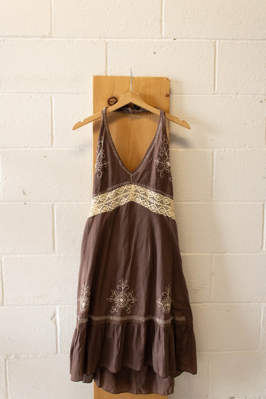 Brown and Embroidered Halter Dress : M