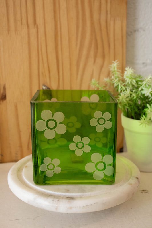 Green Floral Glass Square Vase (Local Pick Up Only)