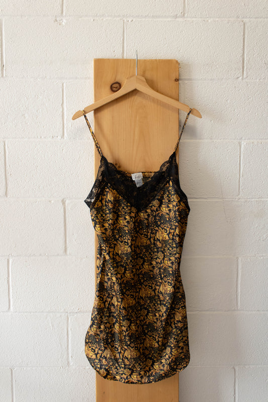 Vtg Gold Floral and Lace Slip Dress : L
