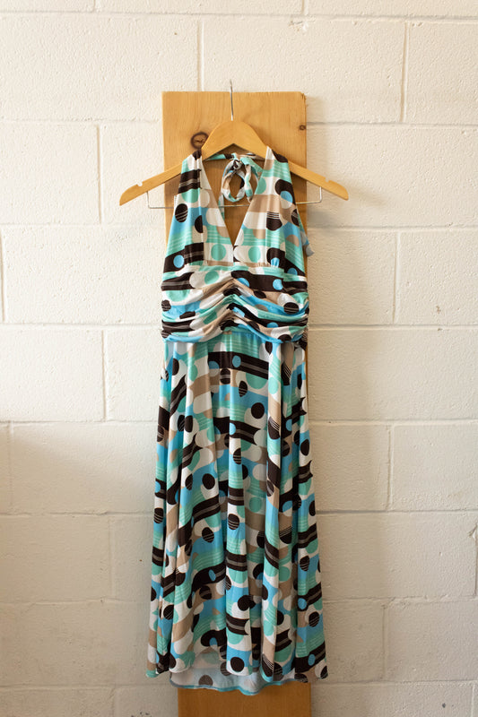 Brown and Blue Print Halter Dress : M